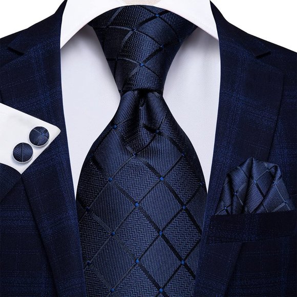 Navy Blue plaid Woven Silk Necktie for Men with Pocket Square and Cufflinks - Picture 1 of 10